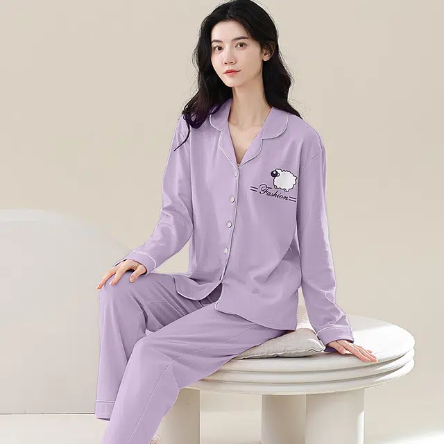 歌倩雅 舒适休闲简约长袖长裤睡衣套装 女款 紫色