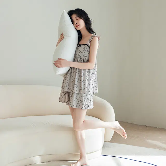 歌倩雅 印花舒适透气无袖睡衣套装 女款 灰色