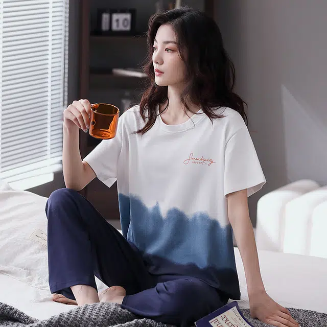 歌倩雅 拼色字母印花圆领上衣纯色透气宽松裤子睡衣套装 女款 白色