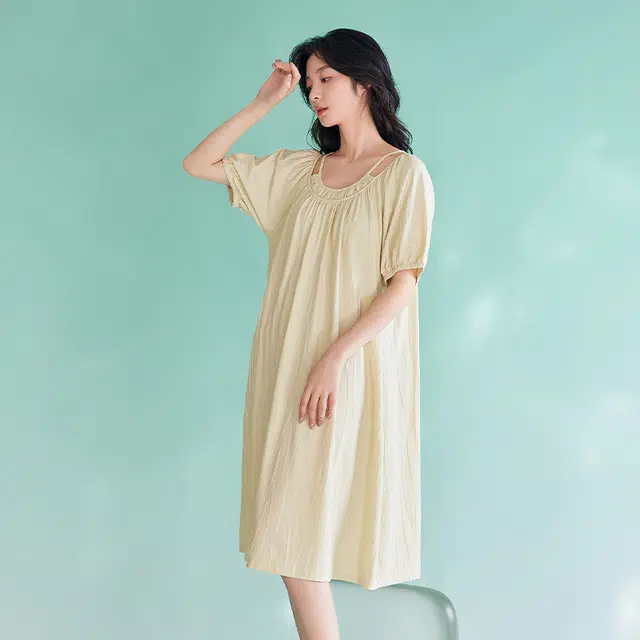 歌倩雅 夏季薄款短袖长款甜美睡衣裙睡裙 女款 杏色
