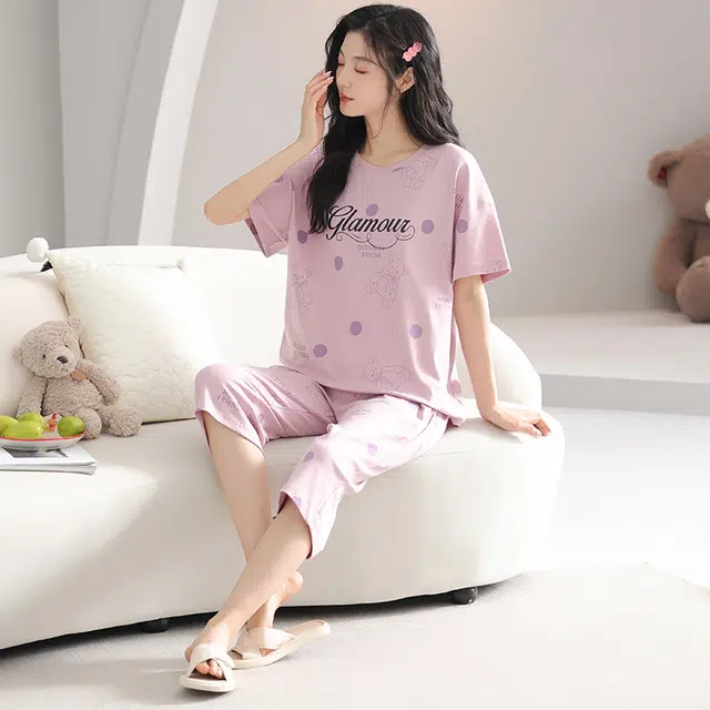 歌倩雅 纯棉圆领短袖休闲七分裤可外穿睡衣套装 女款 粉色