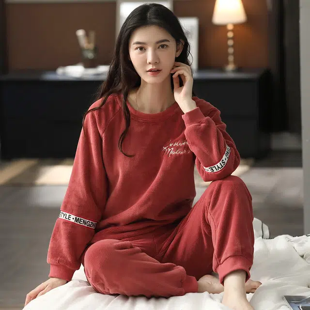 歌倩雅 圆领简约舒适长袖上衣松紧腰长裤睡衣套装 女款 砖红色