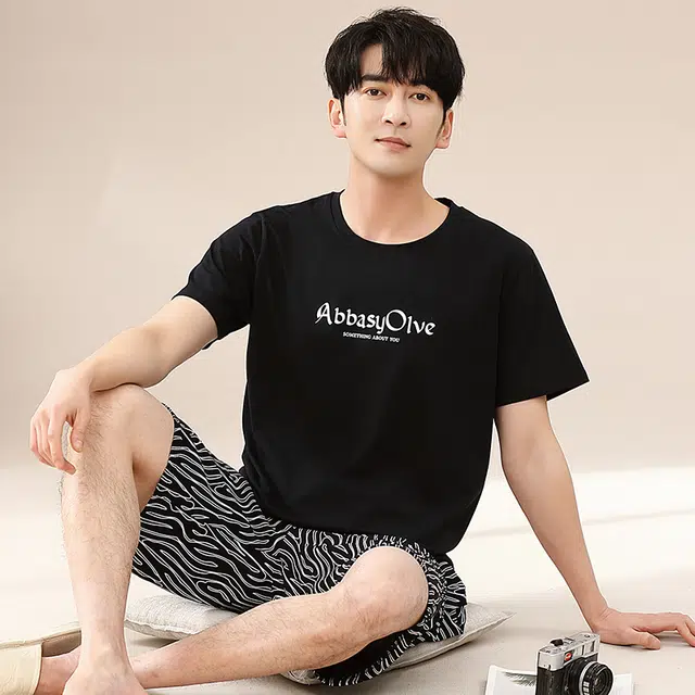 歌倩雅 纯色舒适透气短袖五分裤睡衣套装 男款 黑色