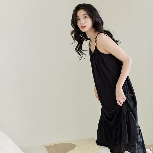 歌倩雅 简约舒适无袖睡裙 女款 黑色