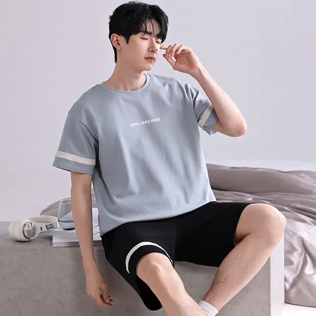 歌倩雅 大码纯棉短袖家居服睡衣套装 男款 图色