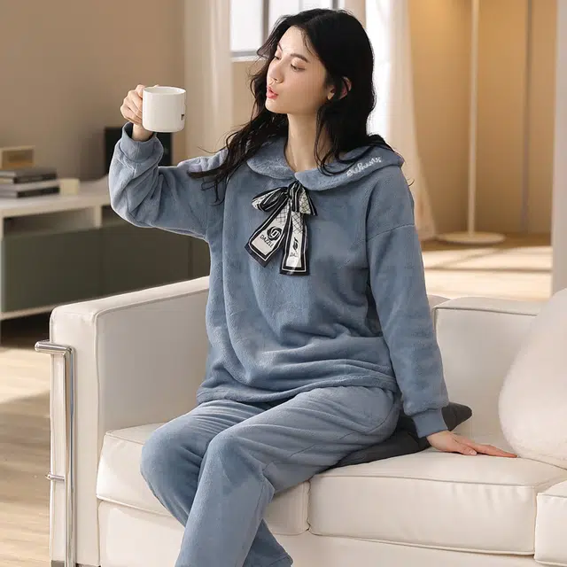 歌倩雅 甜美套头保暖舒适可外穿家居服睡衣套装 女款 蓝色