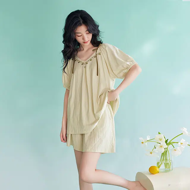 歌倩雅 短袖甜美可爱高级感可外穿短袖睡衣套装 女款 米白