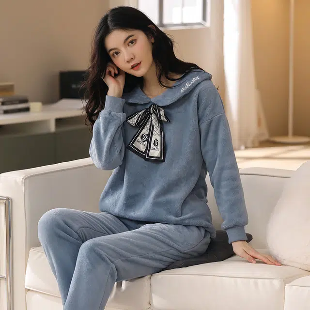 歌倩雅 甜美套头保暖舒适可外穿家居服睡衣套装 女款 蓝色