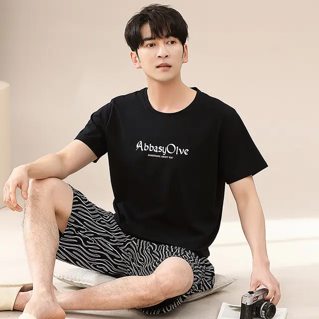 歌倩雅 纯色舒适透气短袖五分裤睡衣套装 男款 黑色