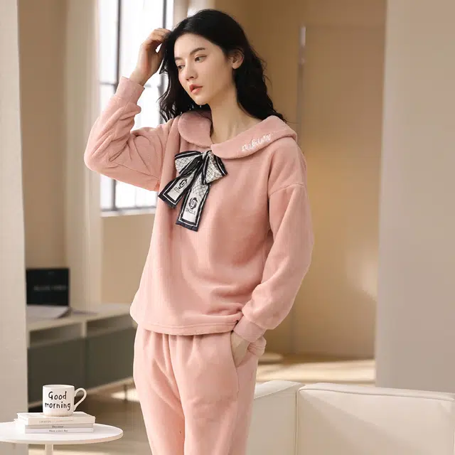 歌倩雅 舒适透气简约保暖可外穿家居服睡衣套装 女款 图色