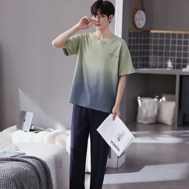歌倩雅 渐变圆领套头短袖上衣松紧腰长裤睡衣套装 男款 浅绿色