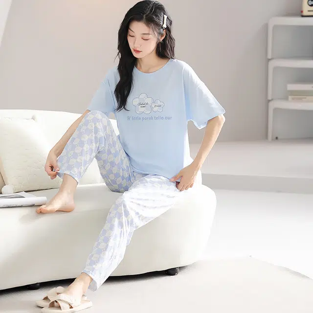 歌倩雅 圆领短袖上衣舒适可外穿长裤睡衣套装 女款 蓝色