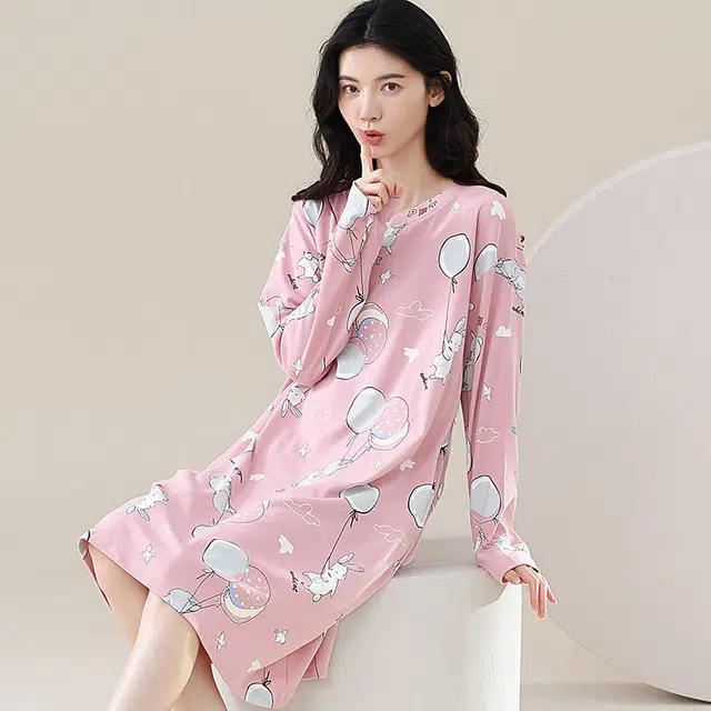 歌倩雅 纯棉长袖简约卡通可爱高级睡裙 女款 粉色