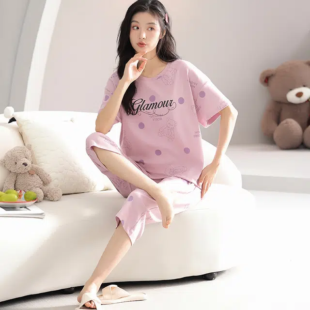 歌倩雅 纯棉圆领短袖休闲七分裤可外穿睡衣套装 女款 粉色