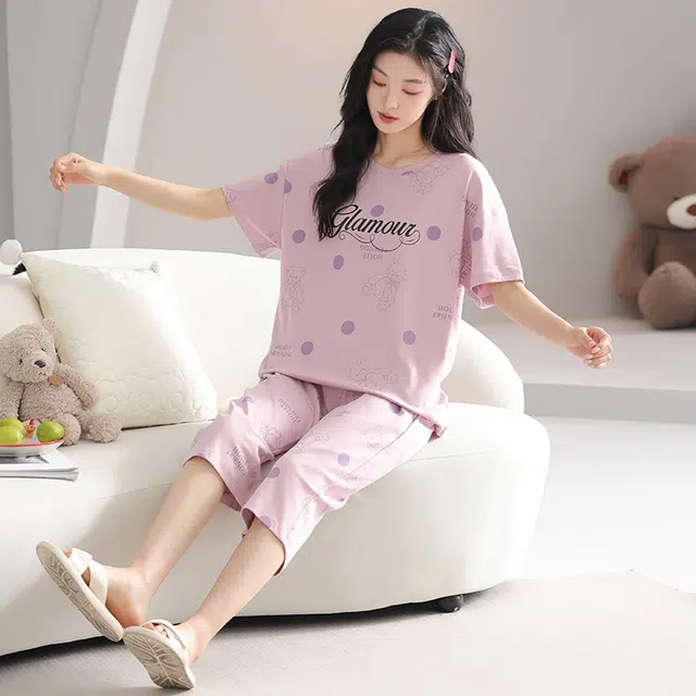 歌倩雅 纯棉圆领短袖休闲七分裤可外穿睡衣套装 女款 粉色