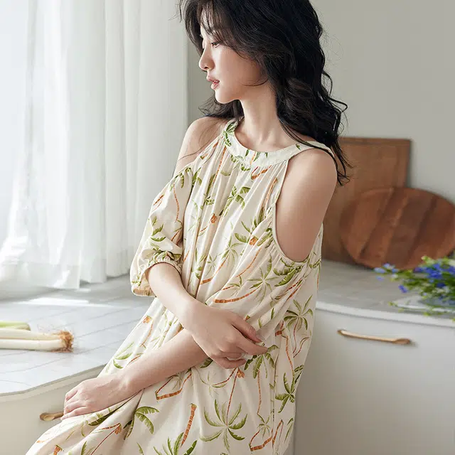 歌倩雅 圆领套头五分袖睡裙 女款 杏色