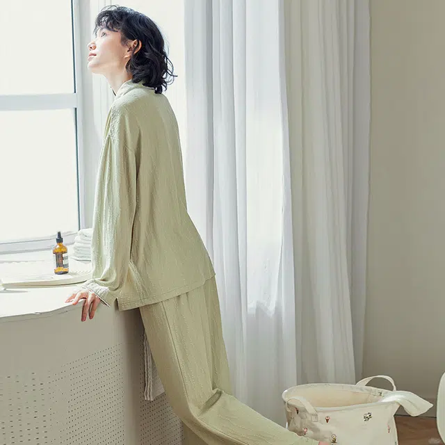 歌倩雅 长袖简约休闲高级感翻领睡衣套装 女款 绿色