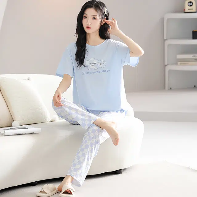 歌倩雅 圆领短袖上衣舒适可外穿长裤睡衣套装 女款 蓝色