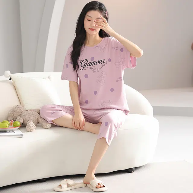 歌倩雅 纯棉圆领短袖休闲七分裤可外穿睡衣套装 女款 粉色
