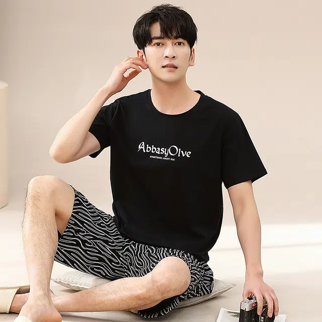 歌倩雅 纯色舒适透气短袖五分裤睡衣套装 男款 黑色