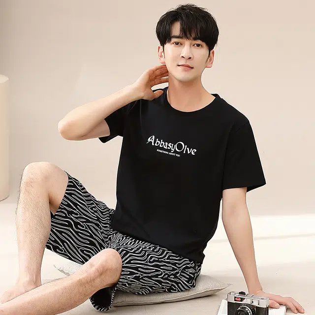 歌倩雅 纯色舒适透气短袖五分裤睡衣套装 男款 黑色