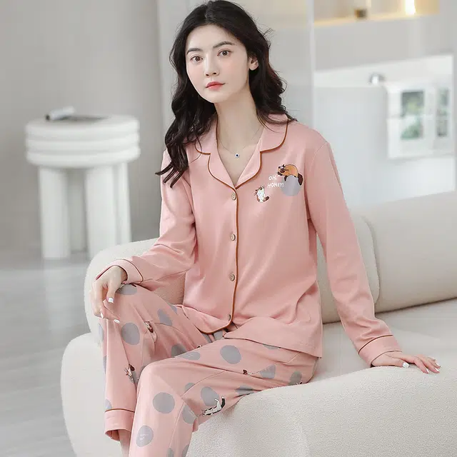 歌倩雅 卡通翻领长袖开衫长裤睡衣套装 女款 粉色