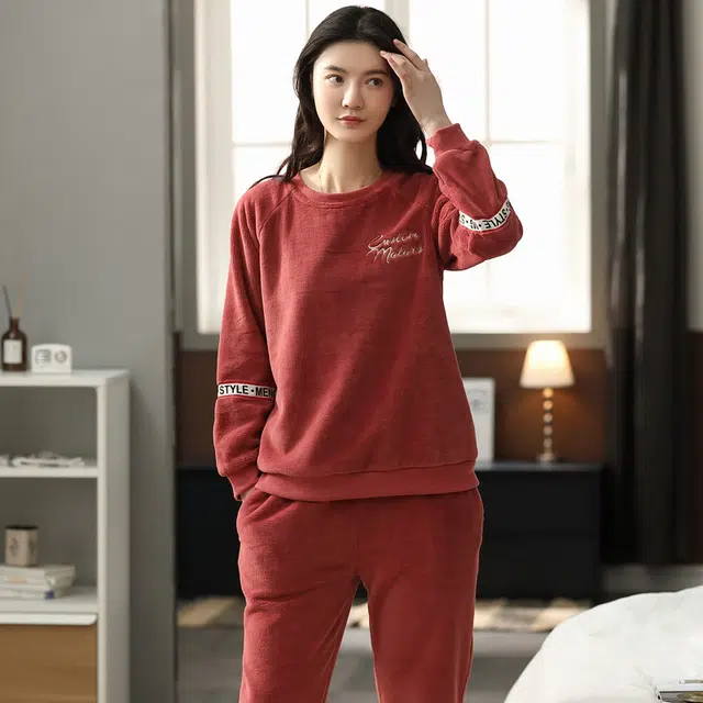 歌倩雅 圆领简约舒适长袖上衣松紧腰长裤睡衣套装 女款 砖红色