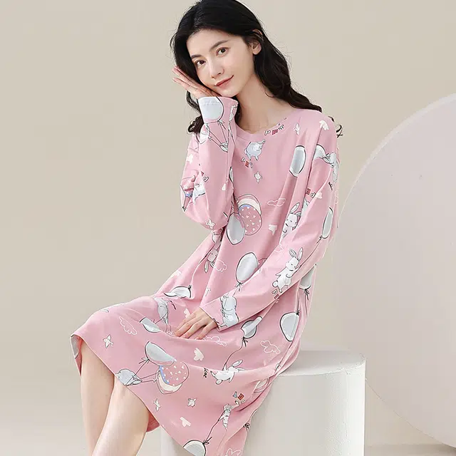 歌倩雅 纯棉长袖简约卡通可爱高级睡裙 女款 粉色