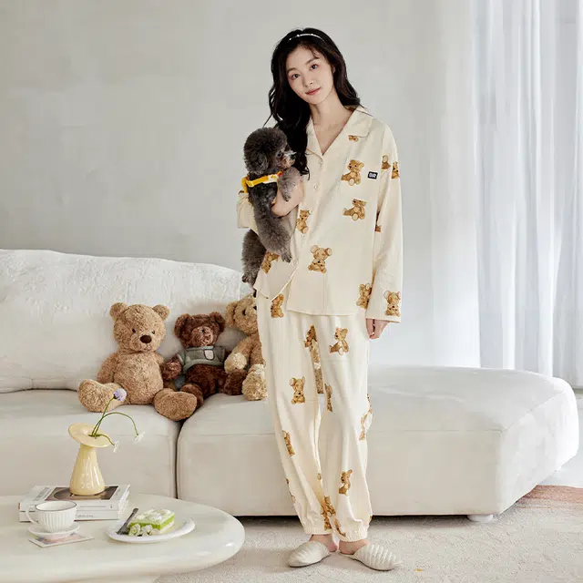 歌倩雅 卡通小熊满印长袖长裤可外穿睡衣套装 女款 杏色