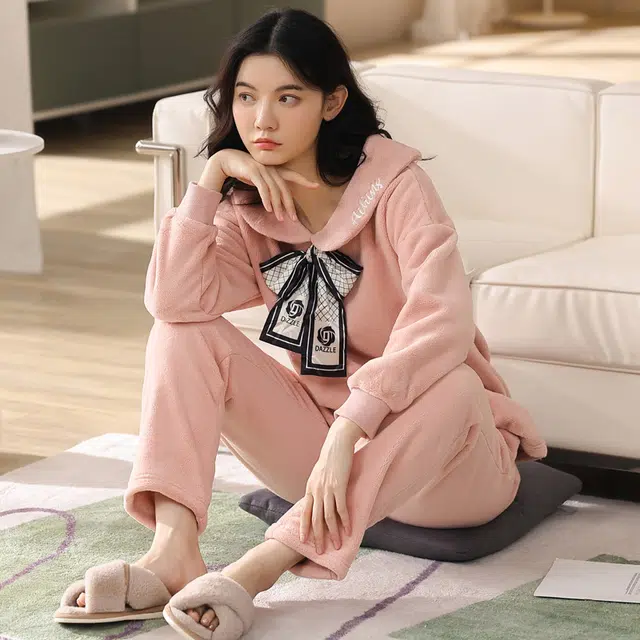 歌倩雅 舒适透气简约保暖可外穿家居服睡衣套装 女款 图色