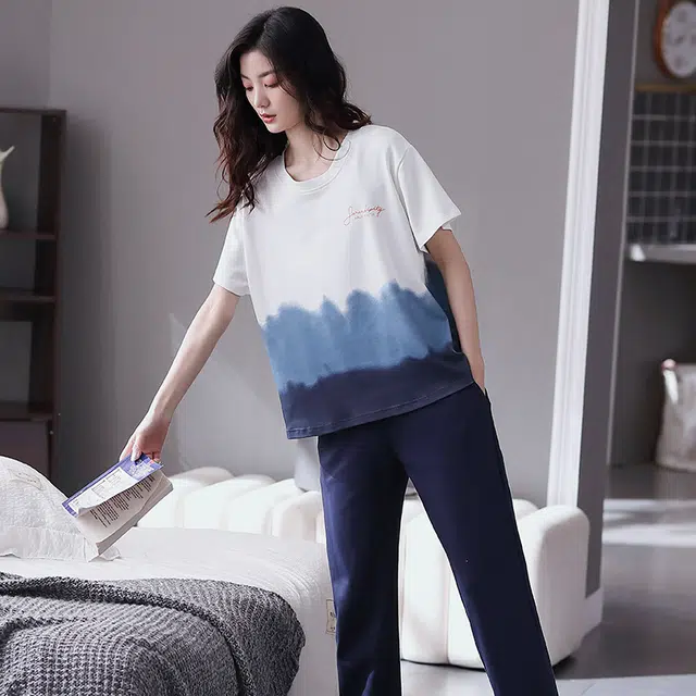 歌倩雅 拼色字母印花圆领上衣纯色透气宽松裤子睡衣套装 女款 白色