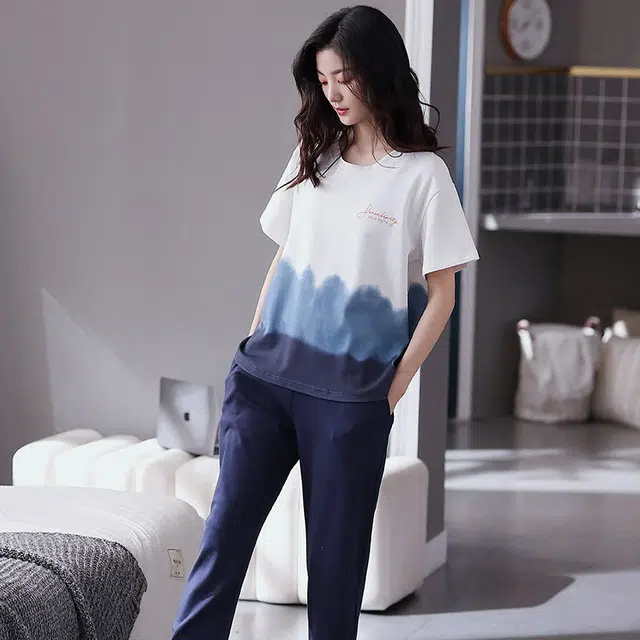 歌倩雅 拼色字母印花圆领上衣纯色透气宽松裤子睡衣套装 女款 白色