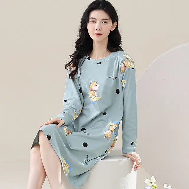 歌倩雅 长袖中长款可爱甜美春秋款睡裙 女款 图片色