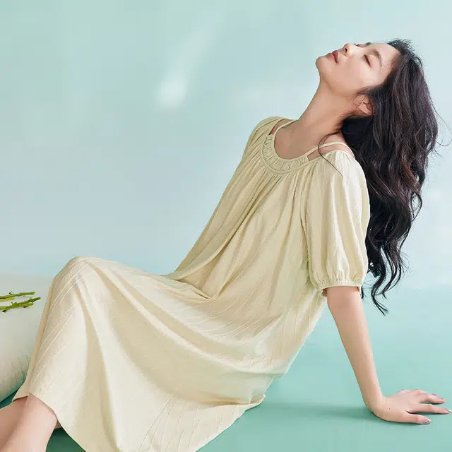歌倩雅 夏季薄款短袖长款甜美睡衣裙睡裙 女款 杏色
