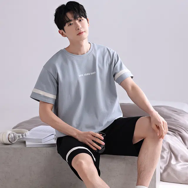 歌倩雅 大码纯棉短袖家居服睡衣套装 男款 图色