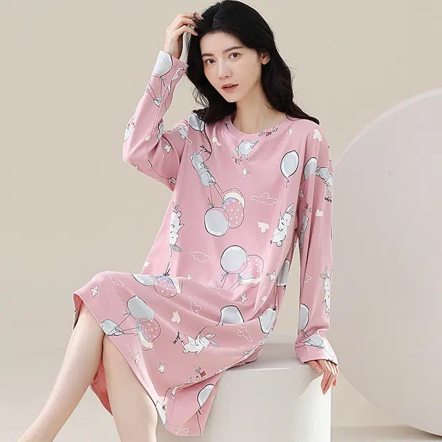 歌倩雅 纯棉长袖简约卡通可爱高级睡裙 女款 粉色