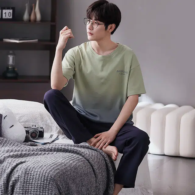 歌倩雅 渐变圆领套头短袖上衣松紧腰长裤睡衣套装 男款 浅绿色