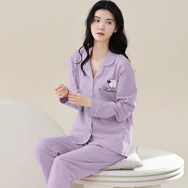 歌倩雅 舒适休闲简约长袖长裤睡衣套装 女款 紫色