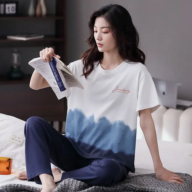 歌倩雅 拼色字母印花圆领上衣纯色透气宽松裤子睡衣套装 女款 白色