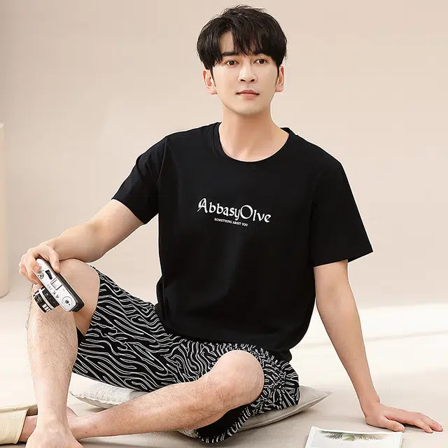 歌倩雅 纯色舒适透气短袖五分裤睡衣套装 男款 黑色