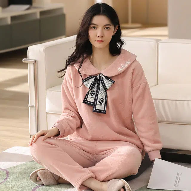 歌倩雅 舒适透气简约保暖可外穿家居服睡衣套装 女款 图色