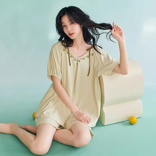 歌倩雅 短袖甜美可爱高级感可外穿短袖睡衣套装 女款 米白