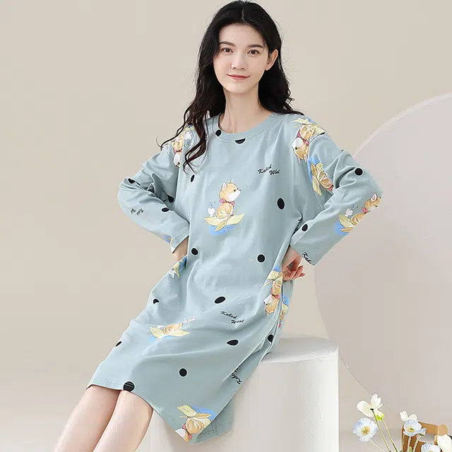 歌倩雅 长袖中长款可爱甜美春秋款睡裙 女款 图片色