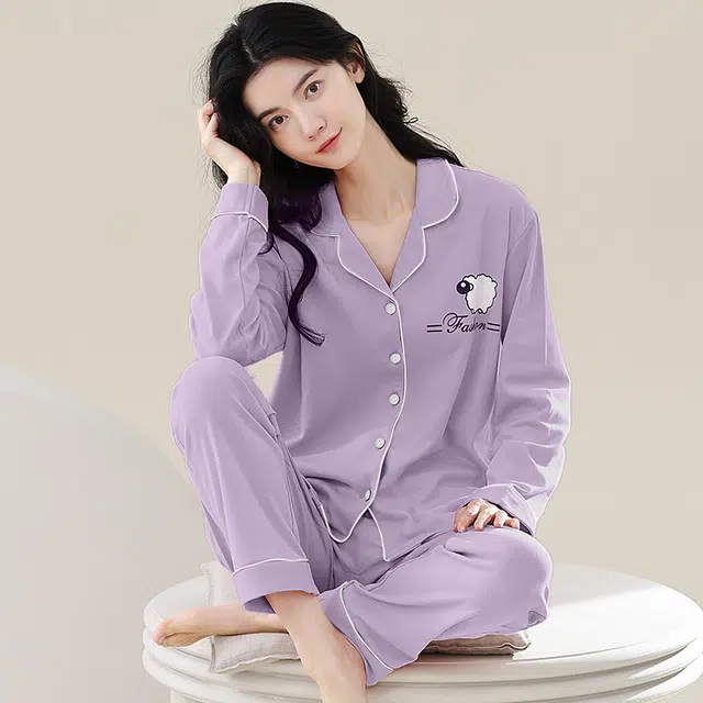 歌倩雅 舒适休闲简约长袖长裤睡衣套装 女款 紫色