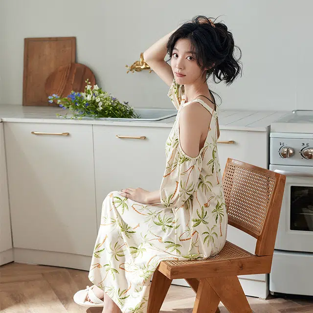 歌倩雅 圆领套头五分袖睡裙 女款 杏色