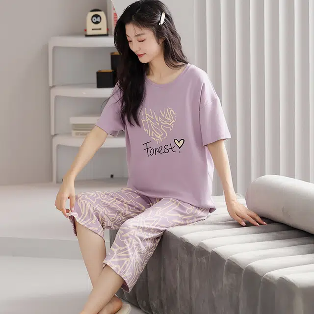 歌倩雅 亲肤舒适透气休闲短袖七分裤家居服睡衣套装 女款 紫色