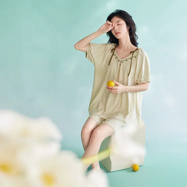歌倩雅 短袖甜美可爱高级感可外穿短袖睡衣套装 女款 米白