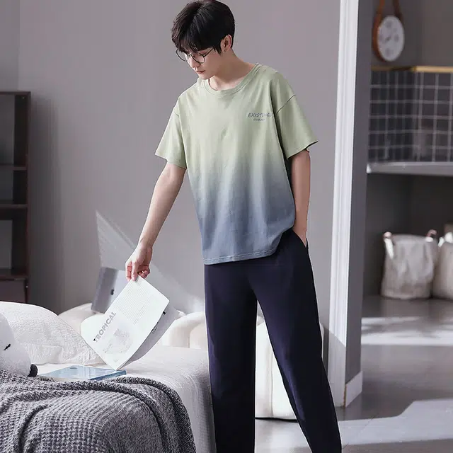 歌倩雅 渐变圆领套头短袖上衣松紧腰长裤睡衣套装 男款 浅绿色