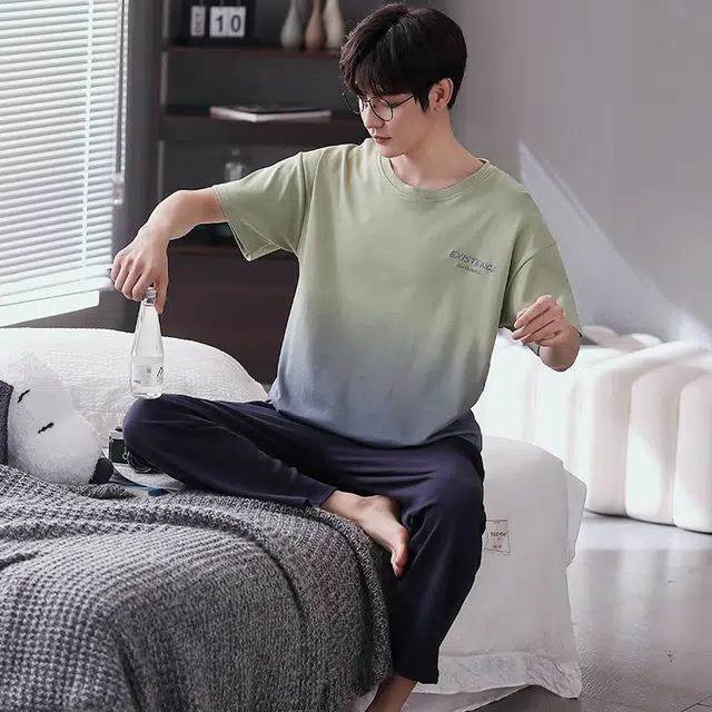 歌倩雅 渐变圆领套头短袖上衣松紧腰长裤睡衣套装 男款 浅绿色