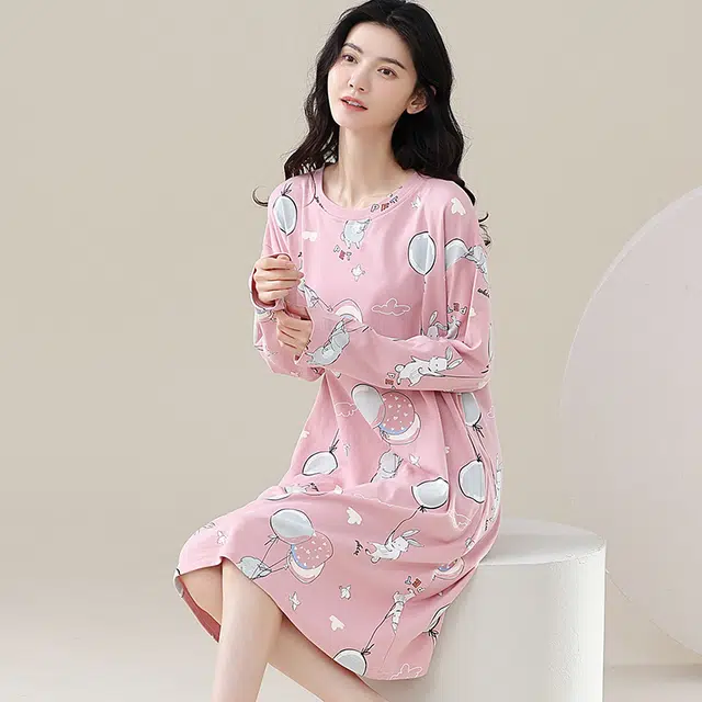 歌倩雅 纯棉长袖简约卡通可爱高级睡裙 女款 粉色